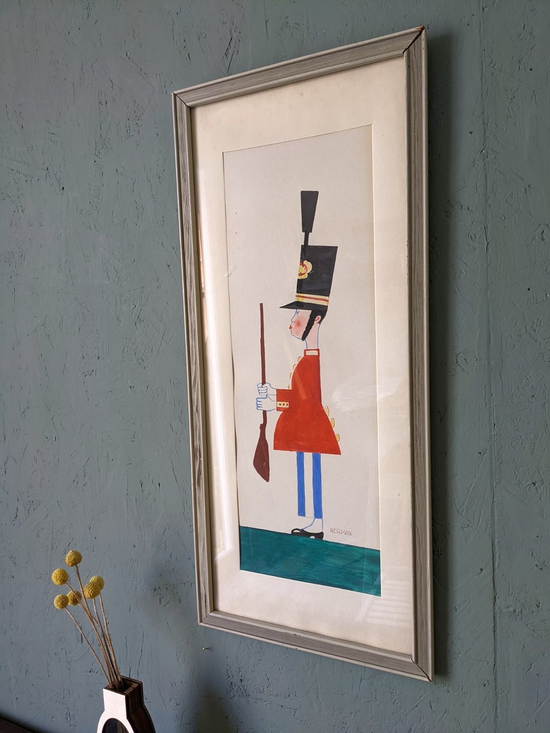 Mid-century modern swedish "The royal guard" vintage figurative watercolor & gouache painting
