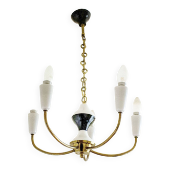 Black and white plastic chandelier with 5 branches, Vintage 1950s Mid Century French