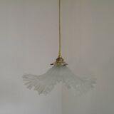 Vintage French Art Deco White Opaque Glass Pendant Light Clear Frilled Edge