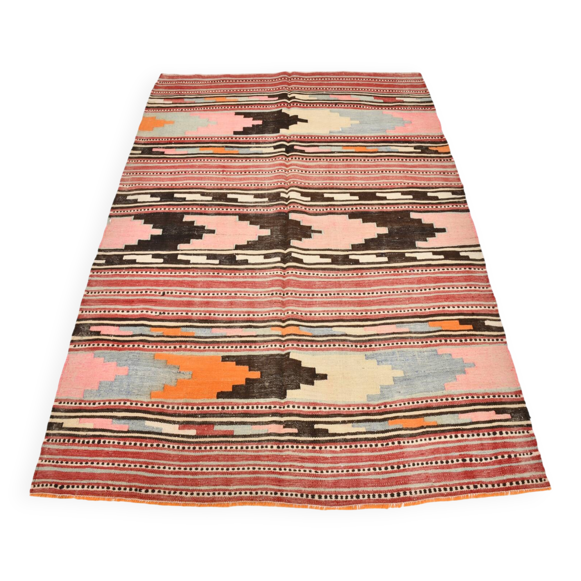 Tapis Kilim fait main rayé rose blush et marron, 131x196 cm
