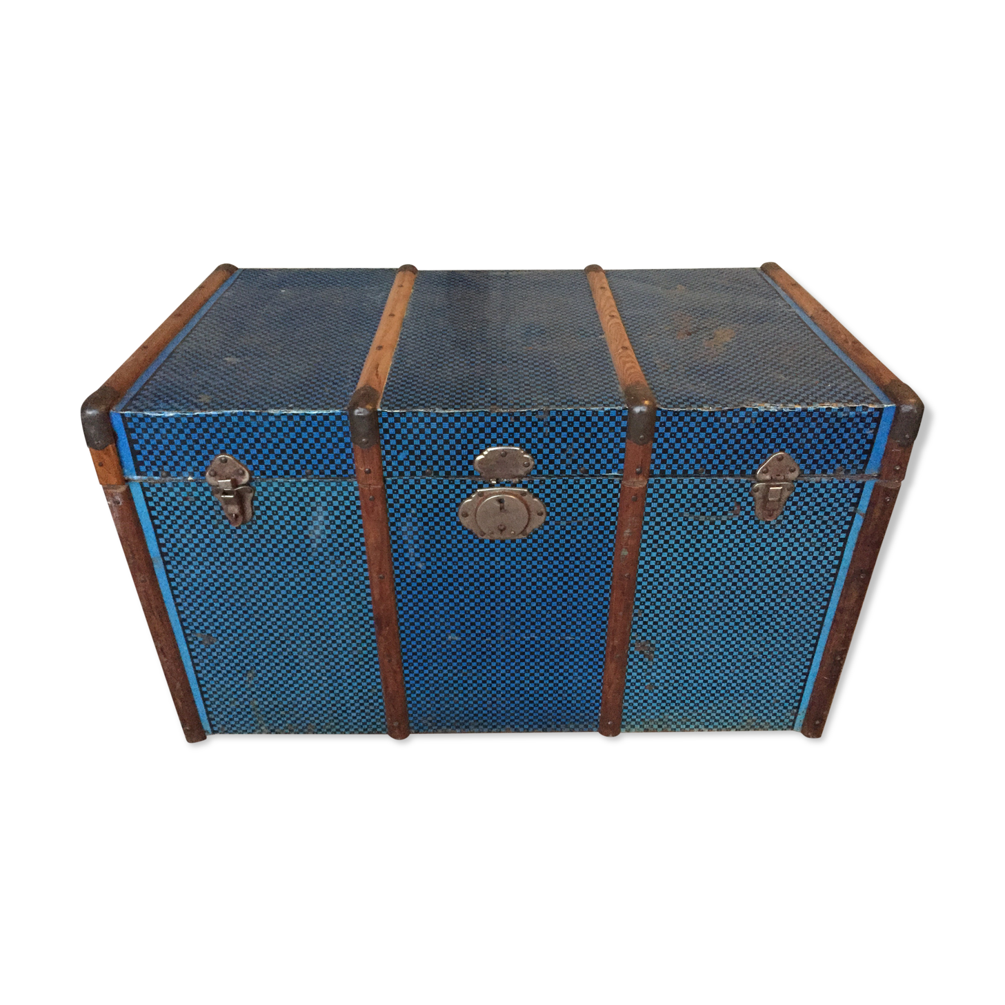Large blue trunk made of metal and wood