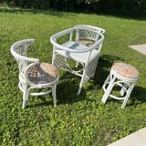 Vintage White Rattan/Bamboo Garden Furniture Set with 2 Chairs and a Stool