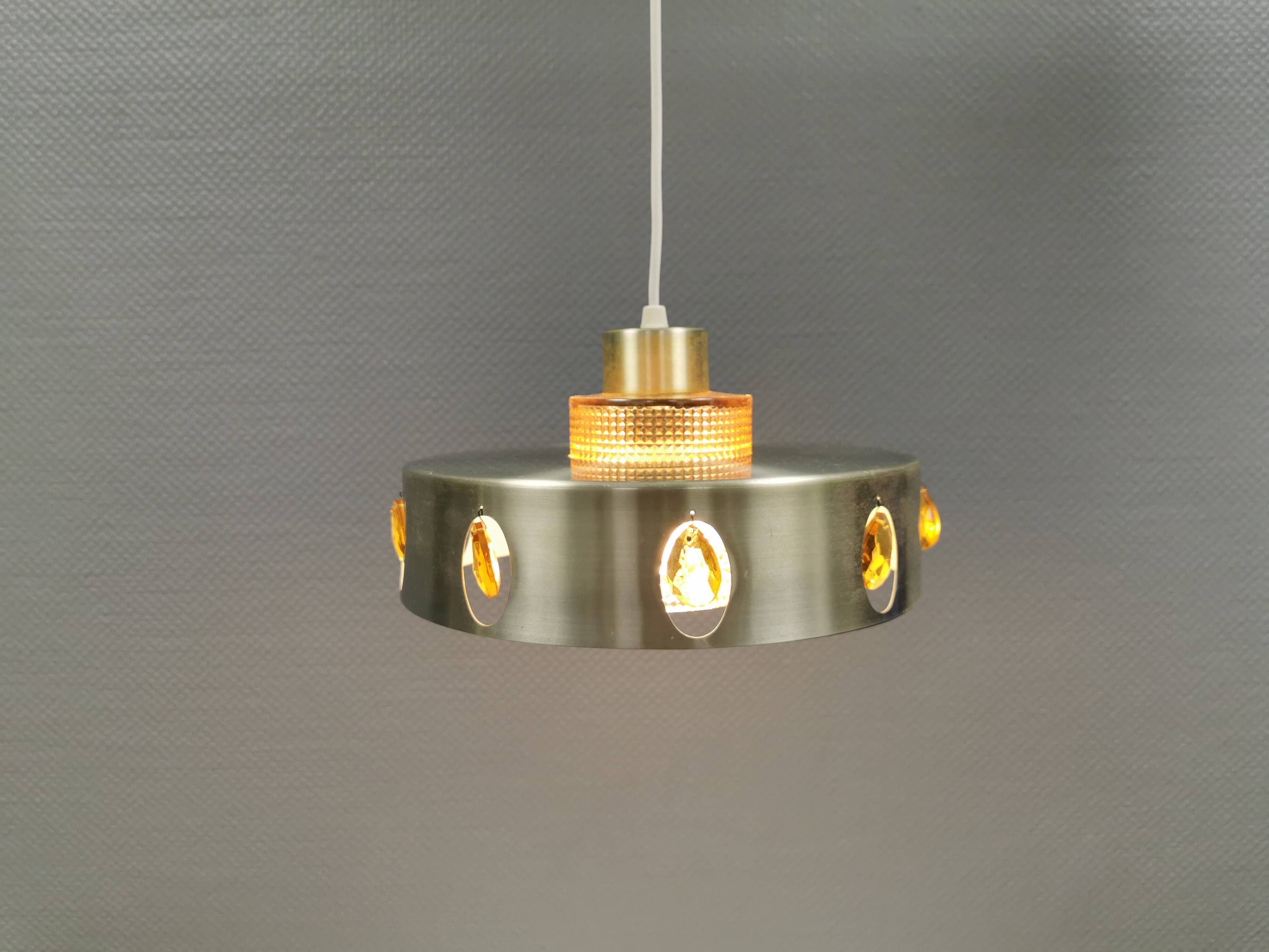 Danish hanging lamp made of glass, metal and with amber colored prisms