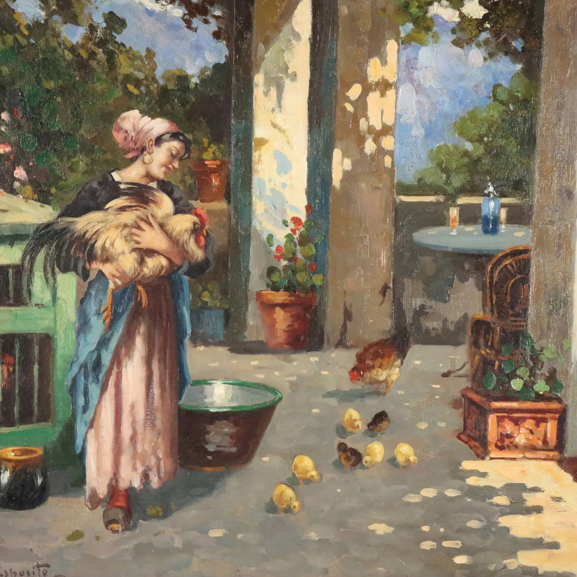 Old painting "The Porch" oil on canvas signed G. Esposito XX Century