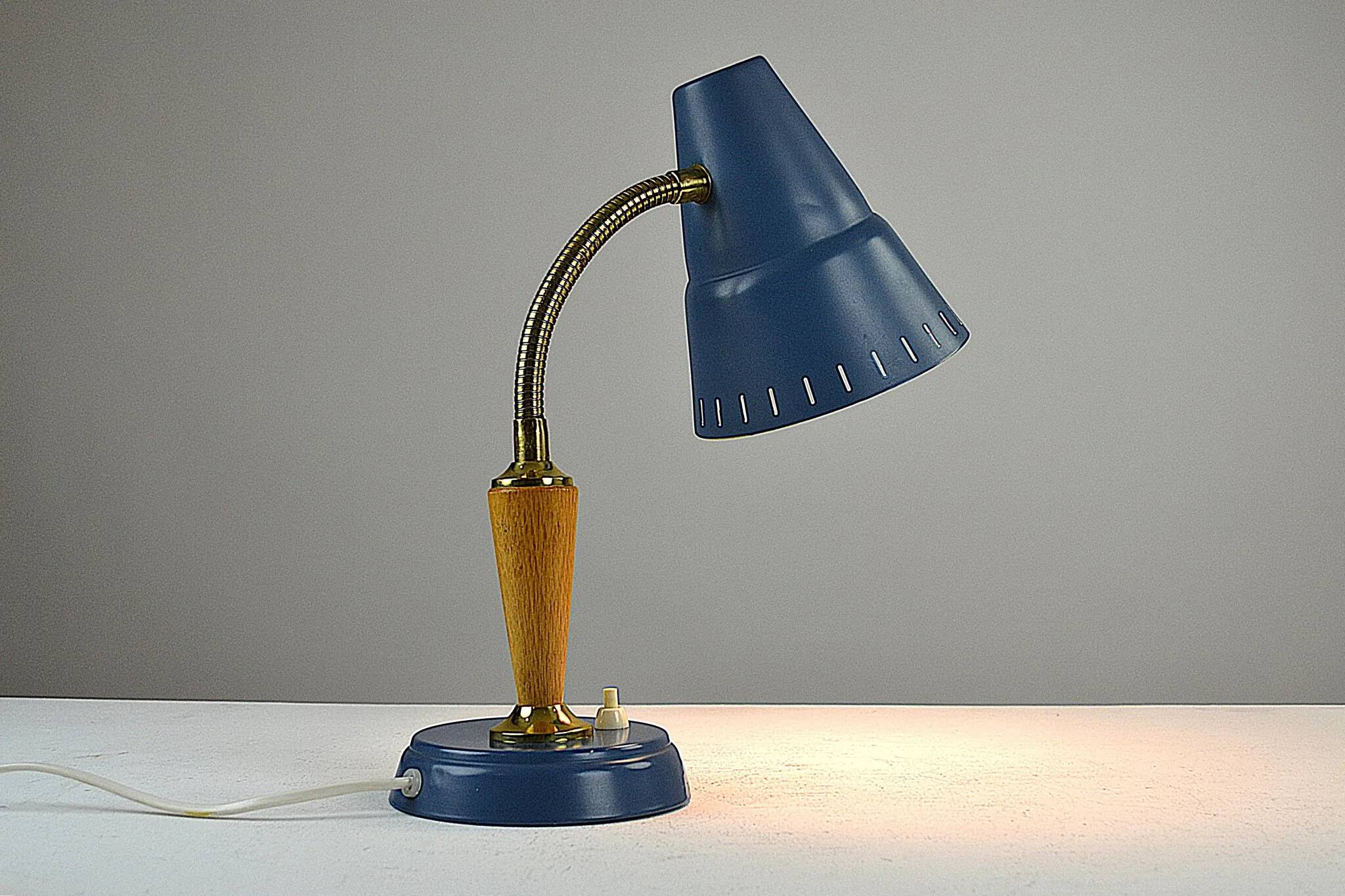 Blue Metal, Brass & Teak Table or Desk Lamp by Ringus, Sweden, 1950s
