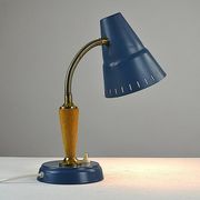 Blue Metal, Brass & Teak Table or Desk Lamp by Ringus, Sweden, 1950s