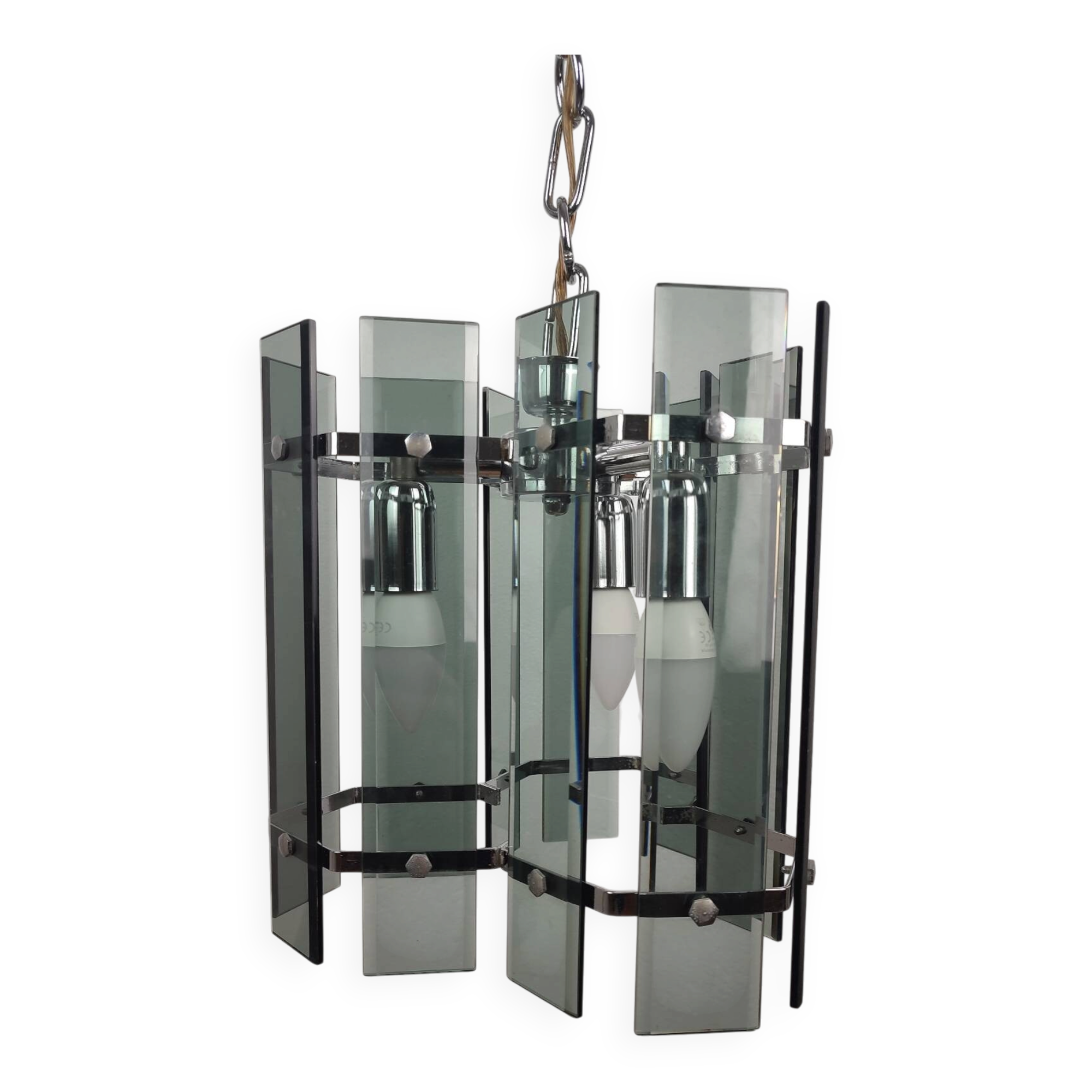 Mid-Century Suspension in Smoked Glass and Chrome Metal, Veca Style
