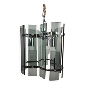 Mid-Century Suspension in Smoked Glass and Chrome Metal, Veca Style