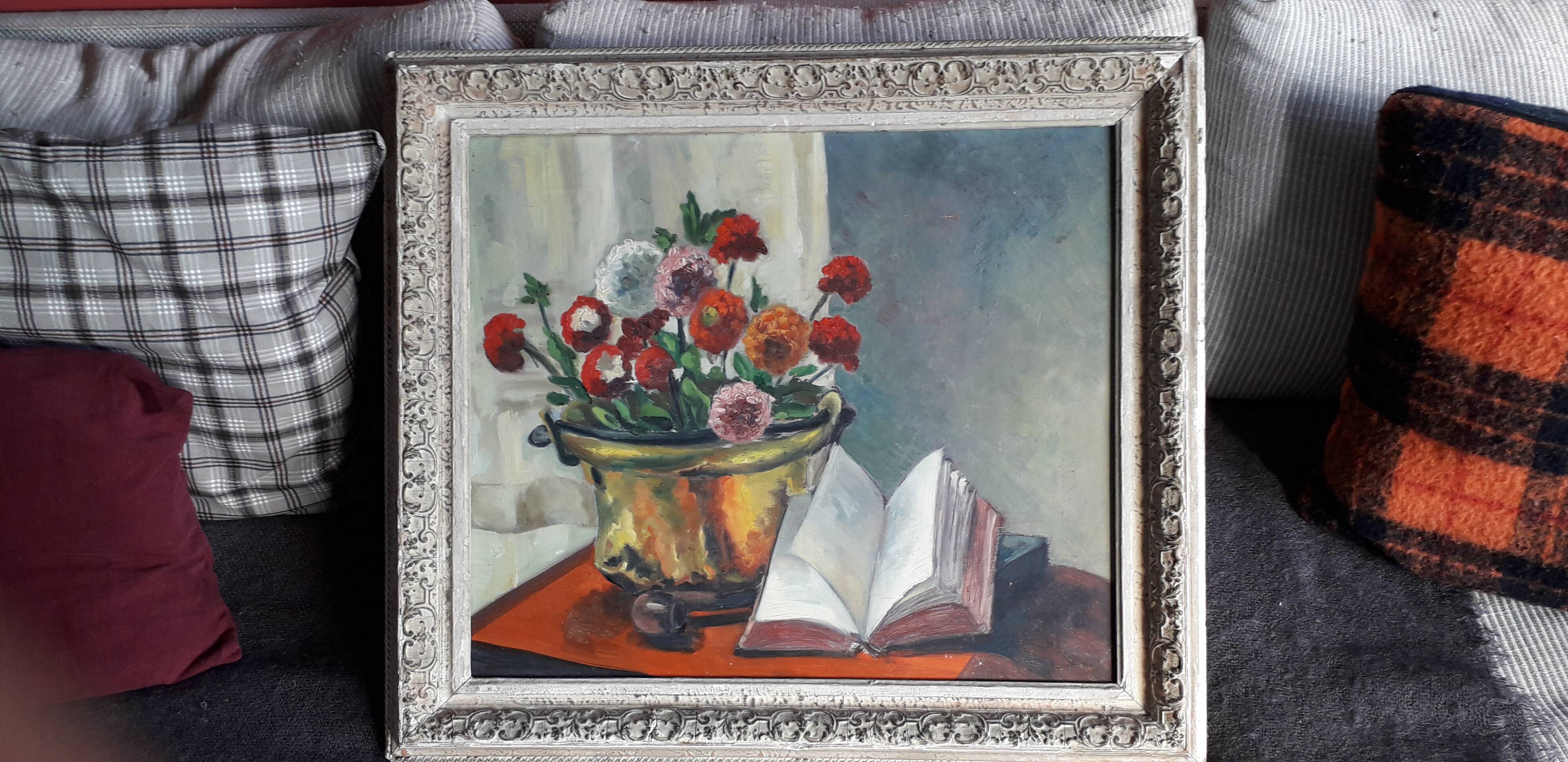Tableau ancien à l'huile sur panneau bois représentant une nature morte