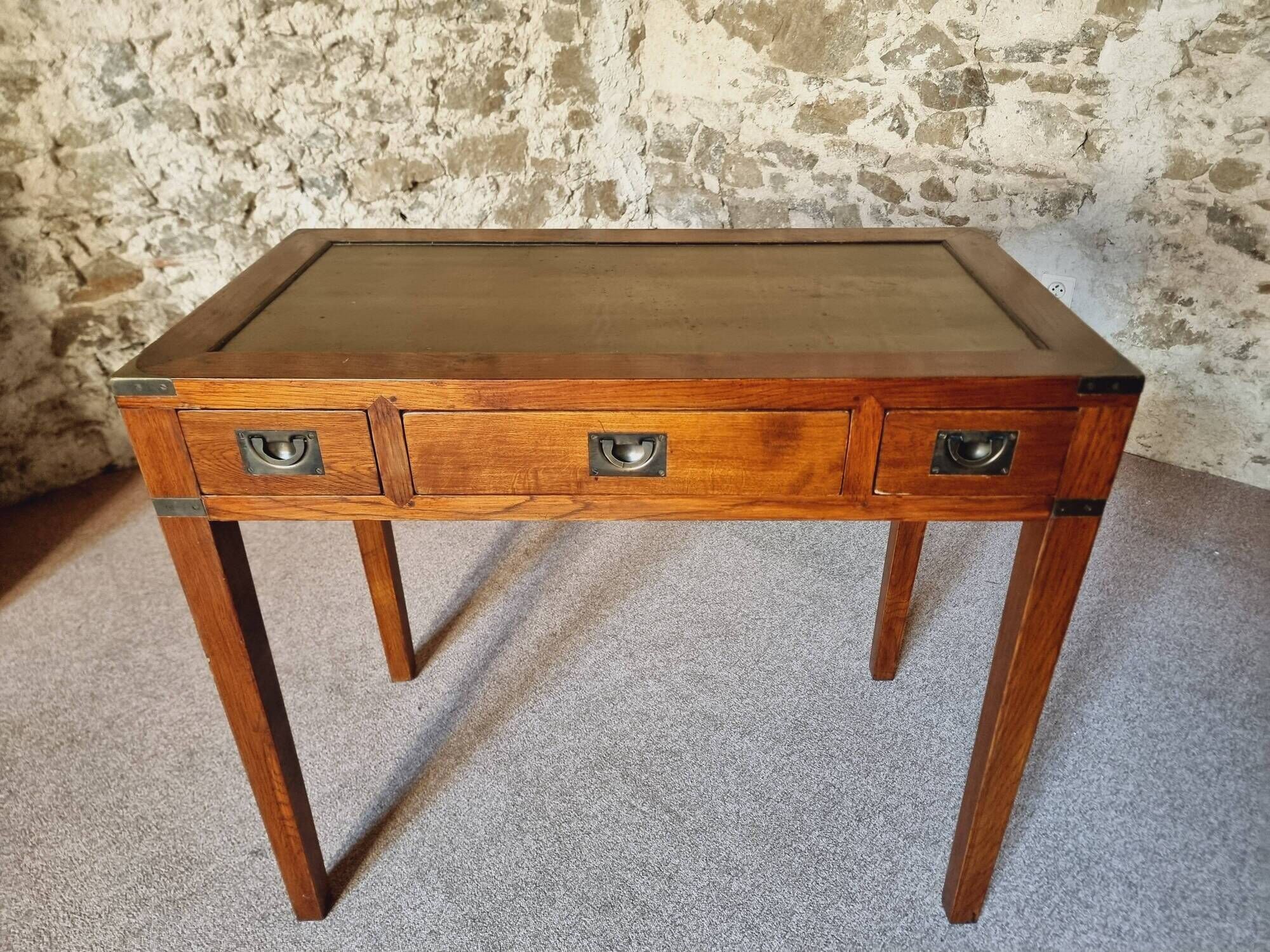 Vintage oak desk – 1970s – Green leather top and 3 drawers