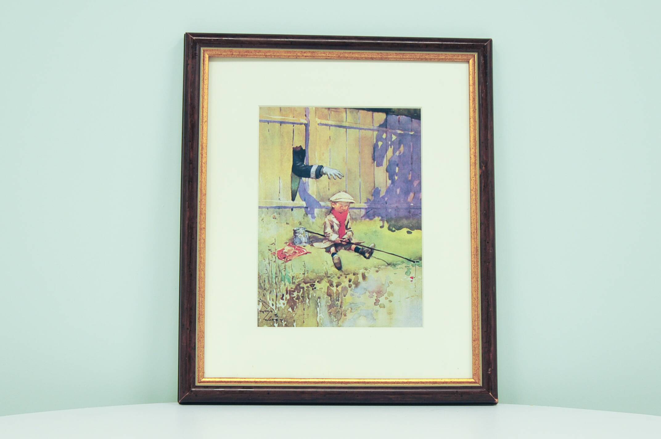vintage wooden frame fishing child