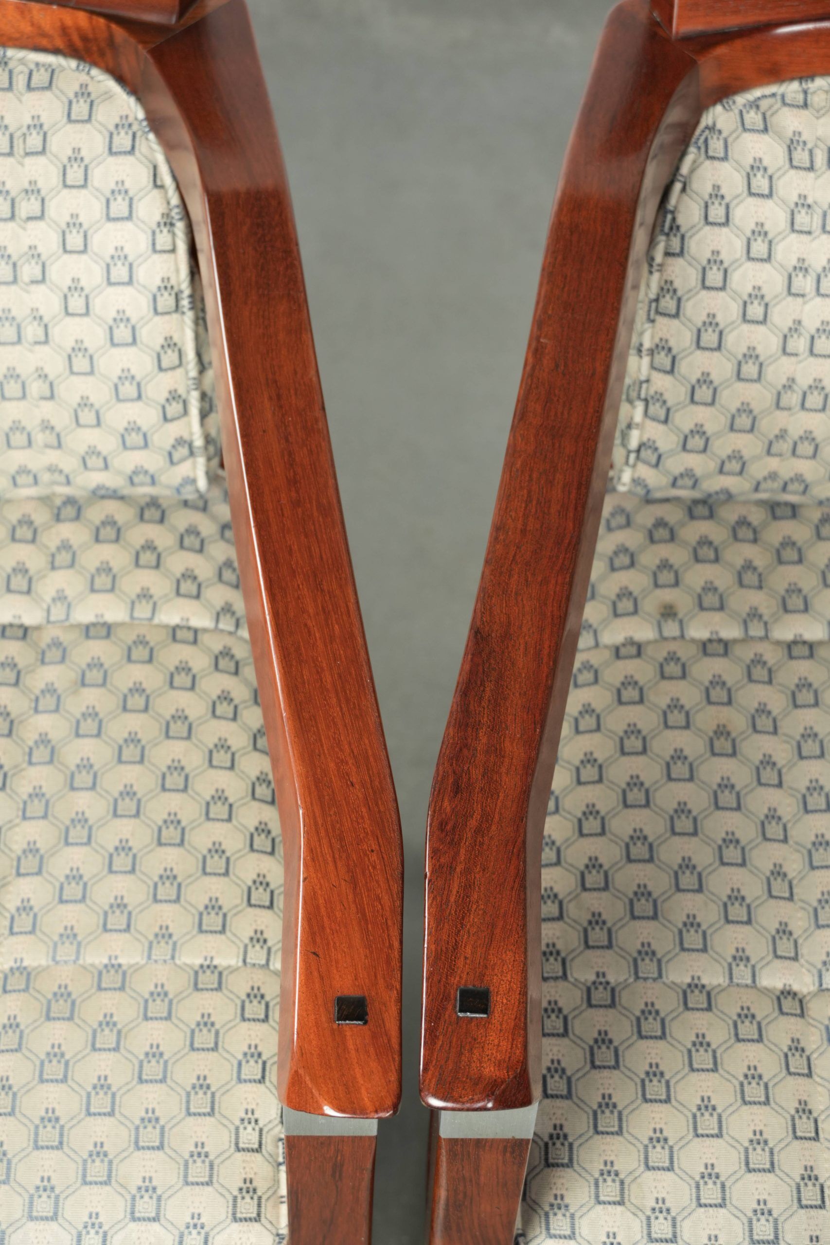 In very good condition Art Deco design dining chairs with fabric upholstery