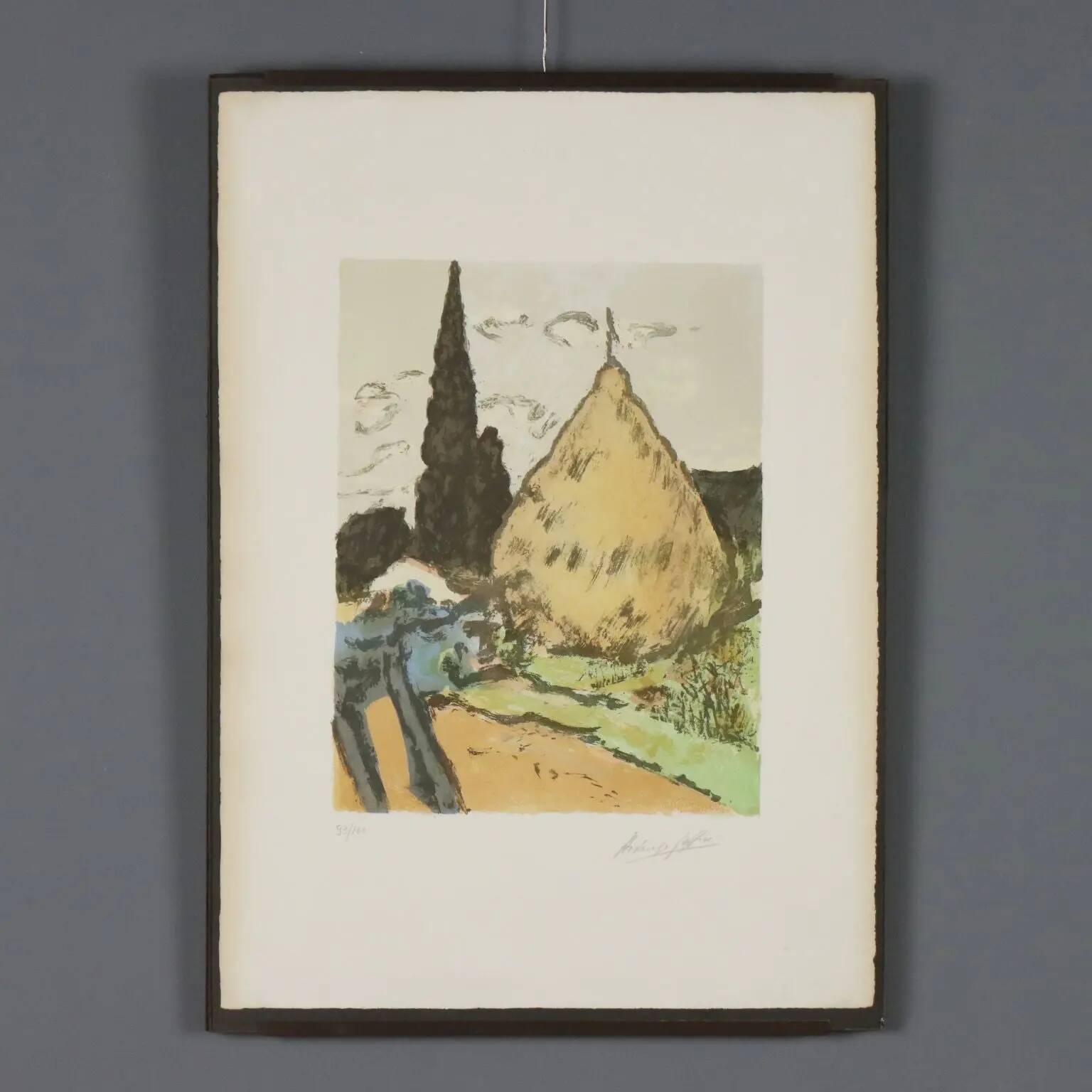 Modern lithograph signed Ardengo Soffici Haystack and Cypress 1962