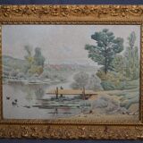 C. CHOUET "The pond and the ducks" Signed watercolor