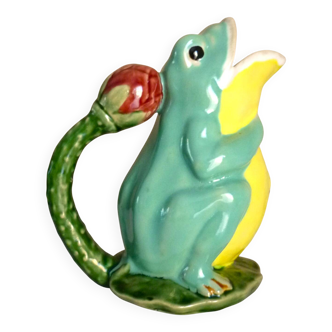 Pichet grenouille, céramique émaillée, barbotine, signé Athezza Franca