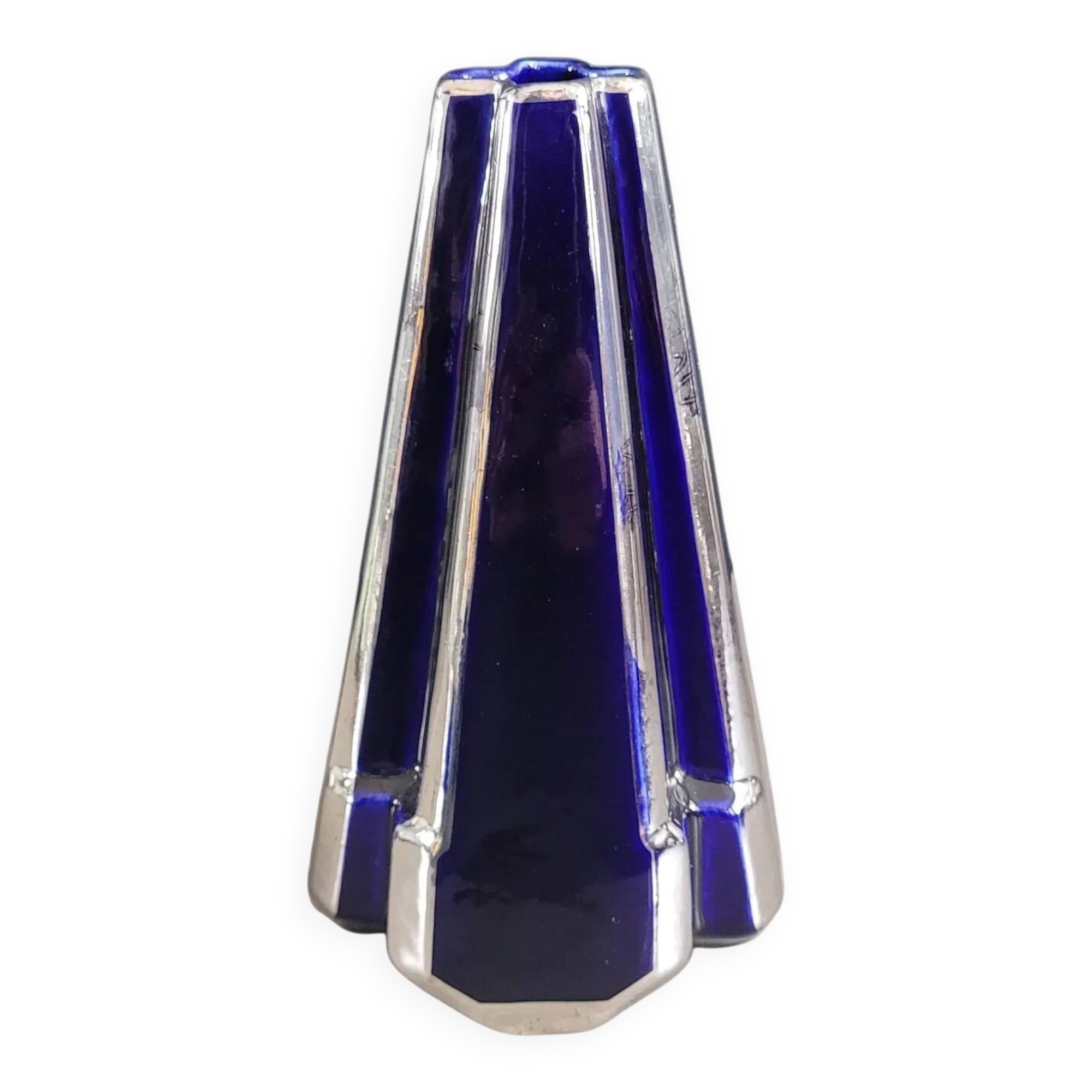 Pyramid vase Art Deco Moulin des Loups & Hamage Nord - blue and silver - Ref 959
