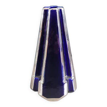 Vase pyramide art-déco Moulin des Loups & Hamage Nord - bleu et argent - Ref 959