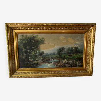 Country scene on walnut panel, 19th century. Signature