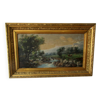 Country scene on walnut panel, 19th century. Signature