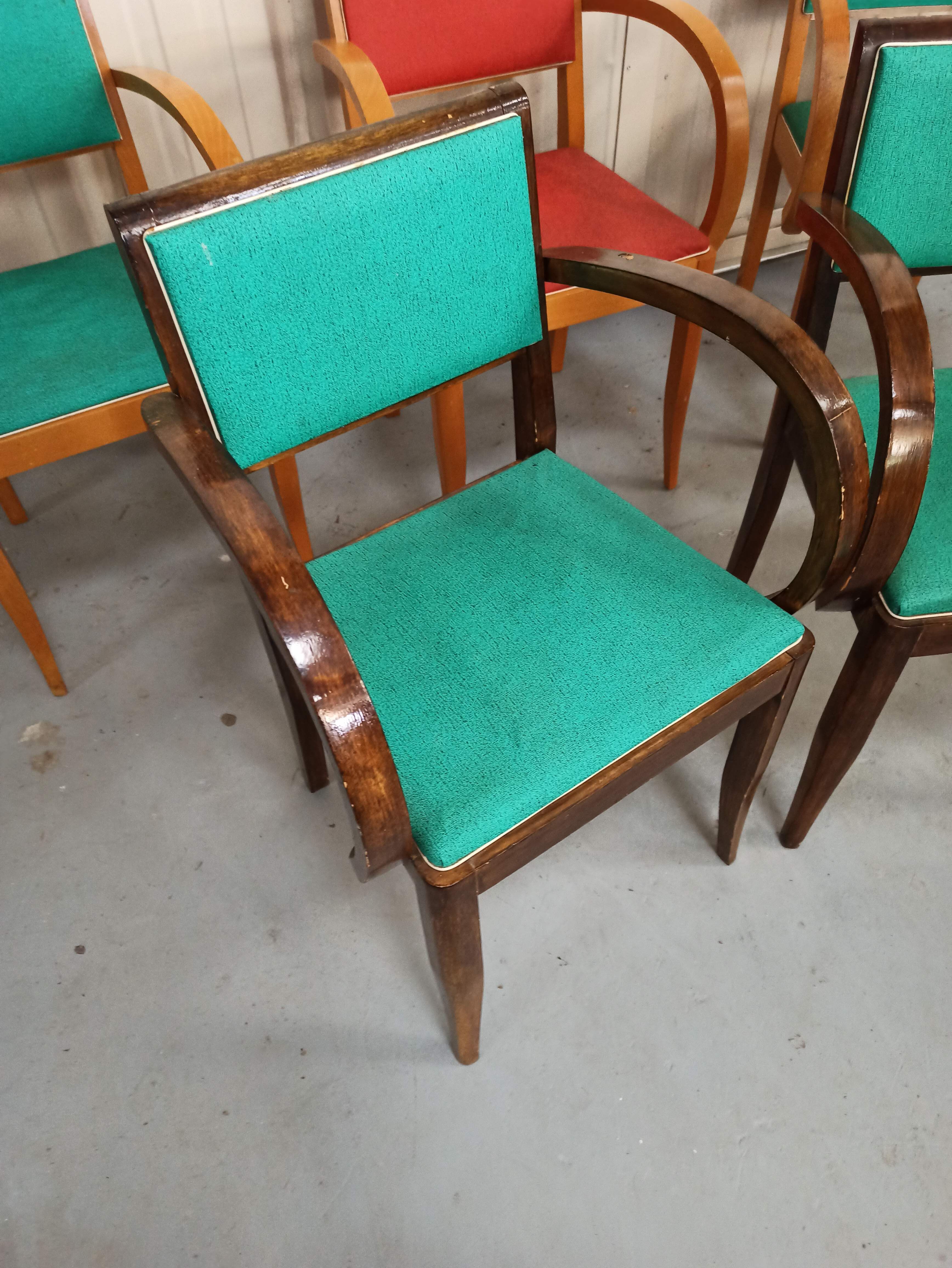 Lot 5 armchairs bridge skai and wood - red green