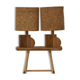 Paire de lampes artisanales en chêne massif et abat-jour en liège, circa 1970
