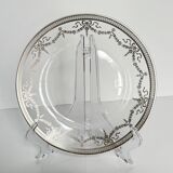 Vintage Glass Dessert Plate with Silver Ribbons/Bows and Garlands