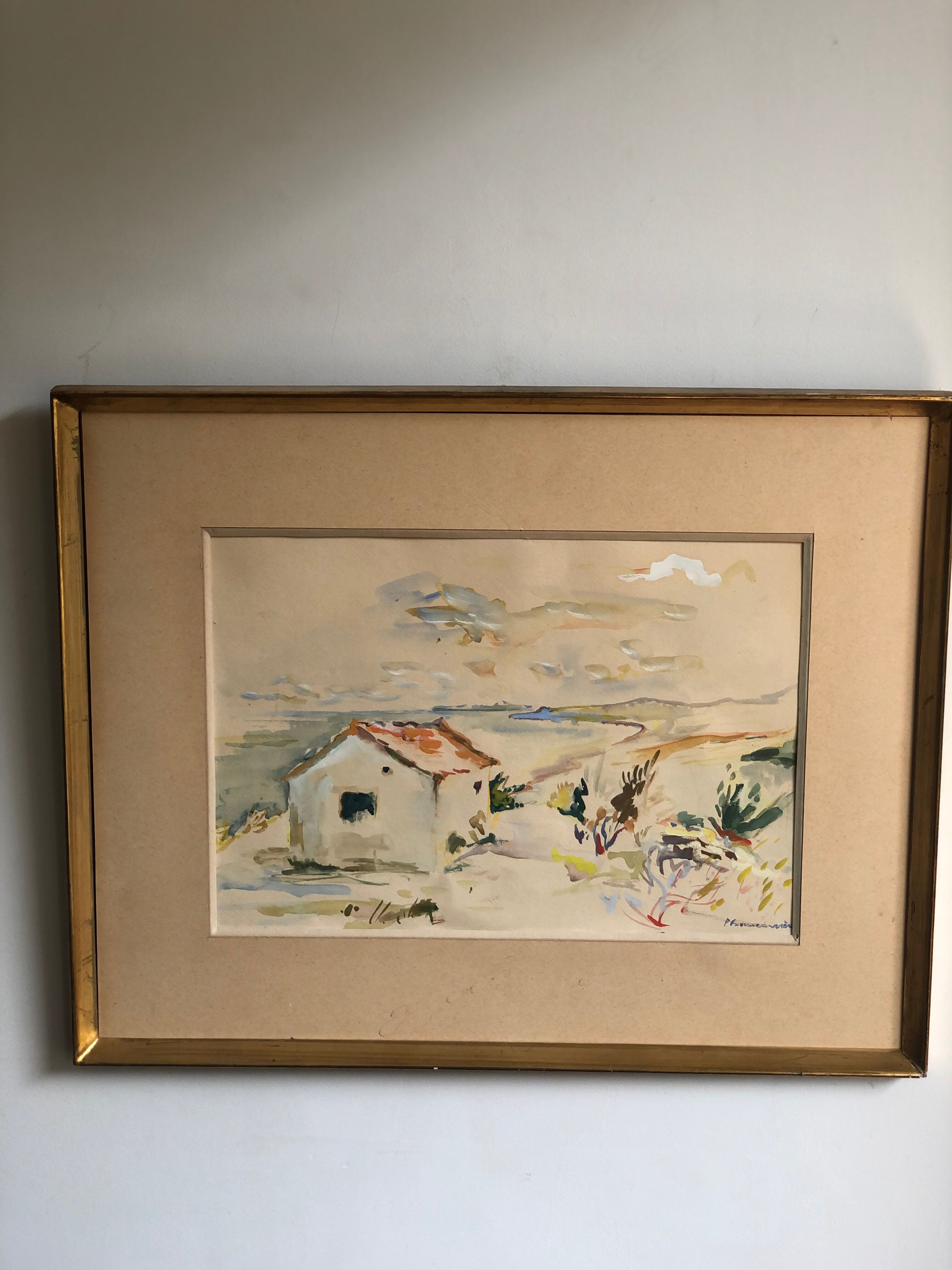 Framed watercolor seaside house