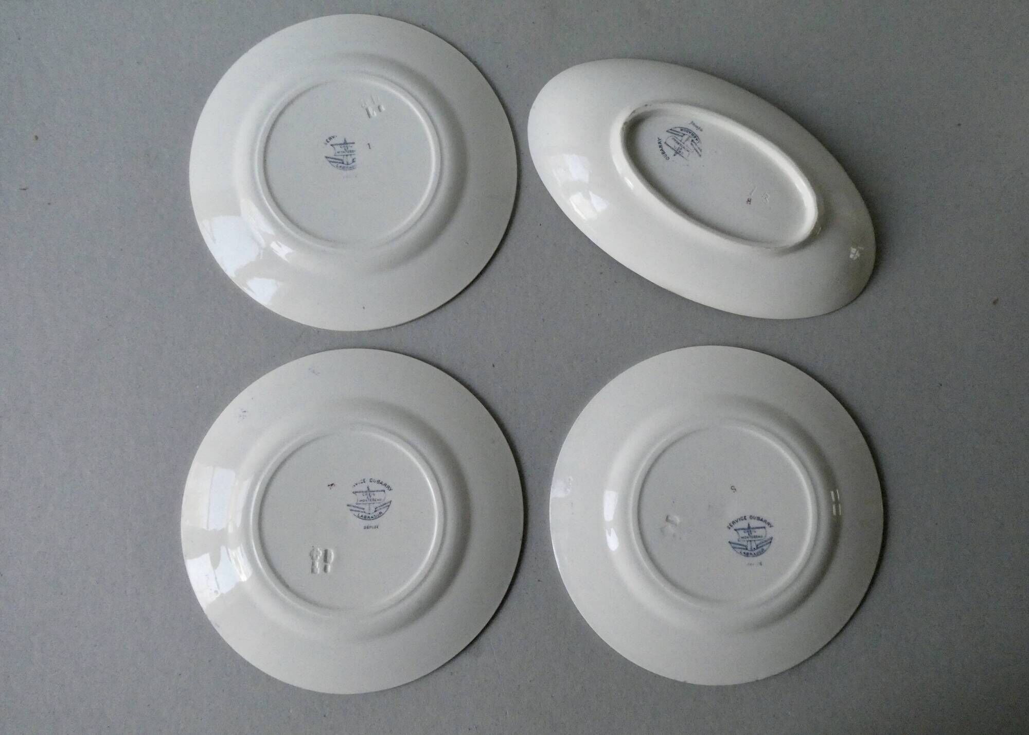 Set of 3 plates and 1 ravier Creil Montereau Terre de Fer, Dubarry décor