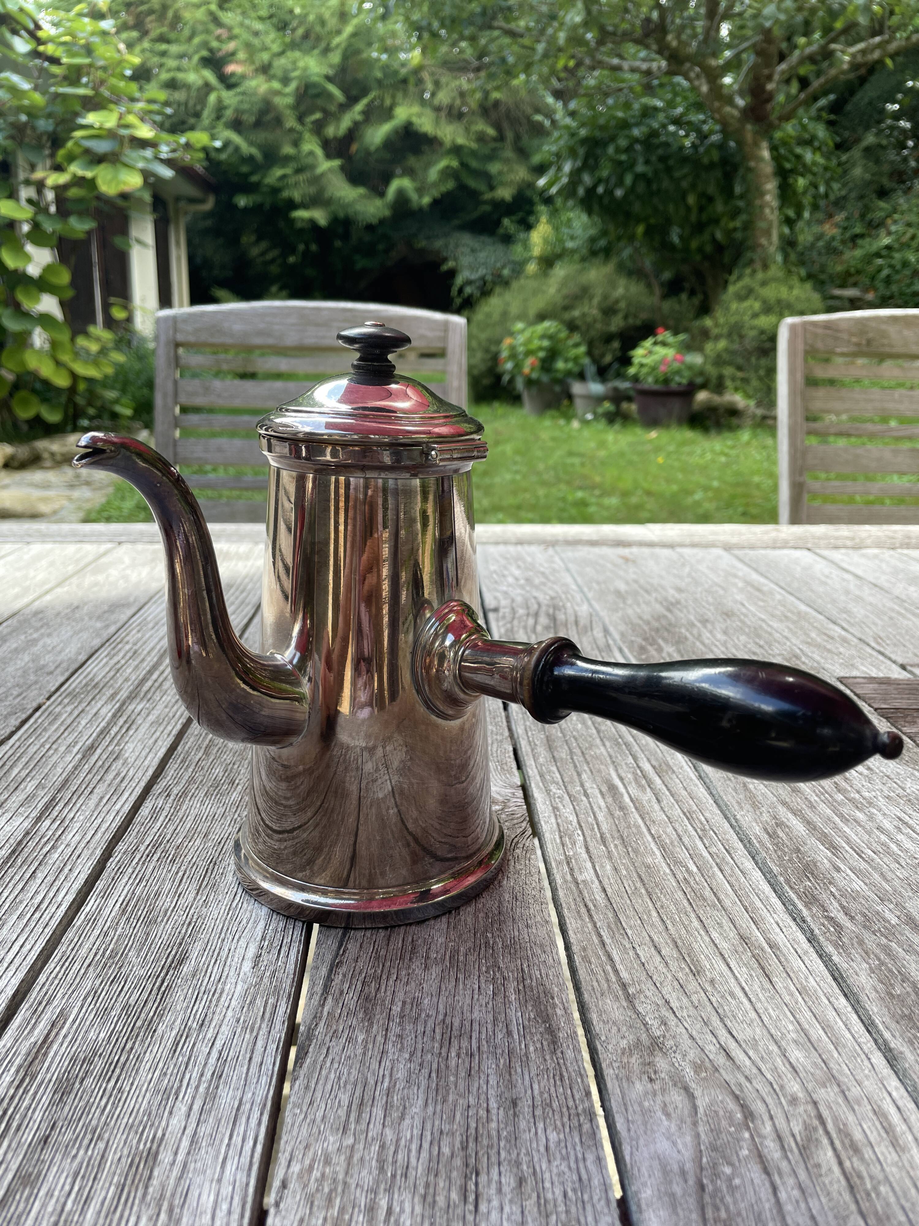 Silver chocolate pot with wooden handle and lid