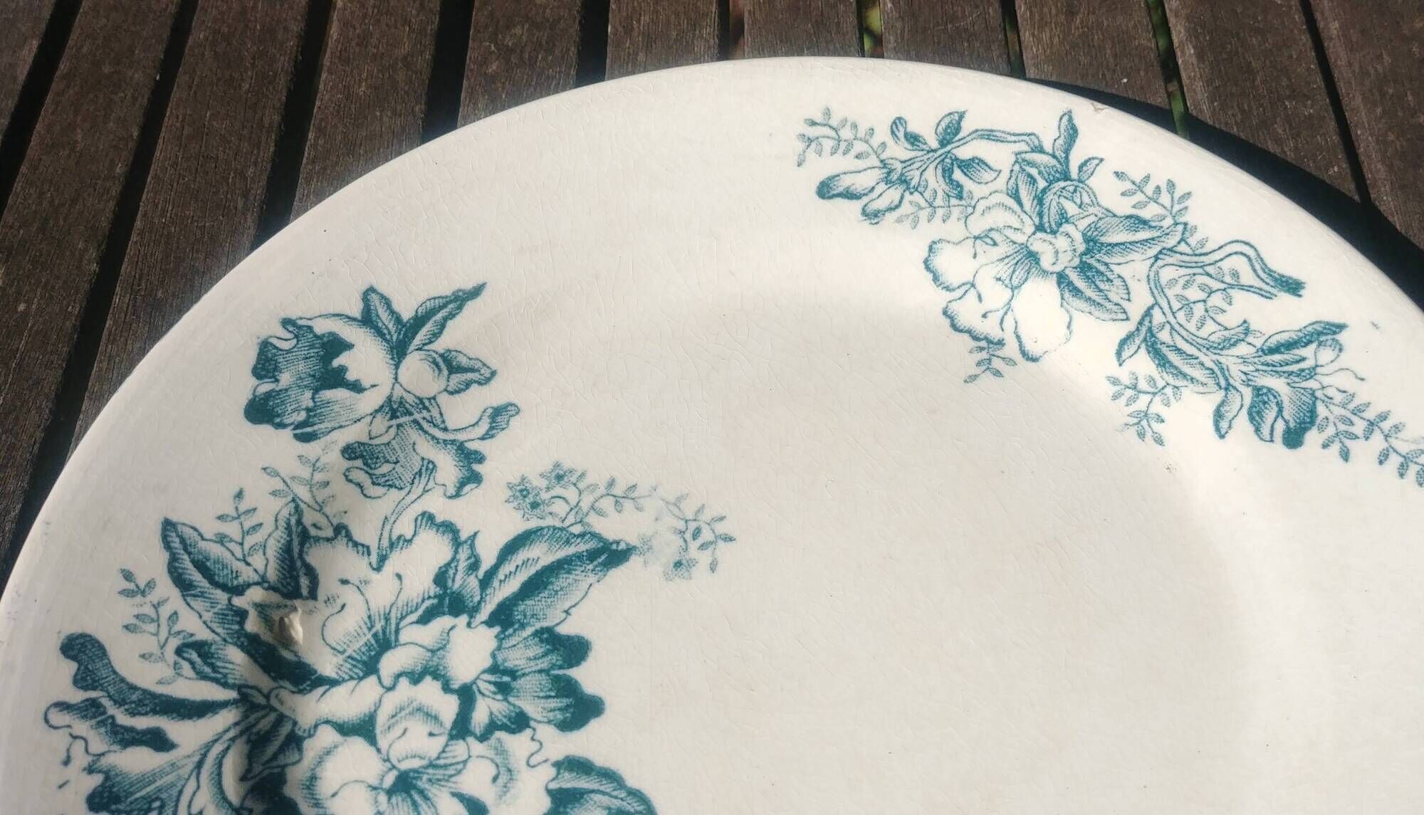Old iron earthenware flat plate from the Lyon earthenware factory, Floréal model