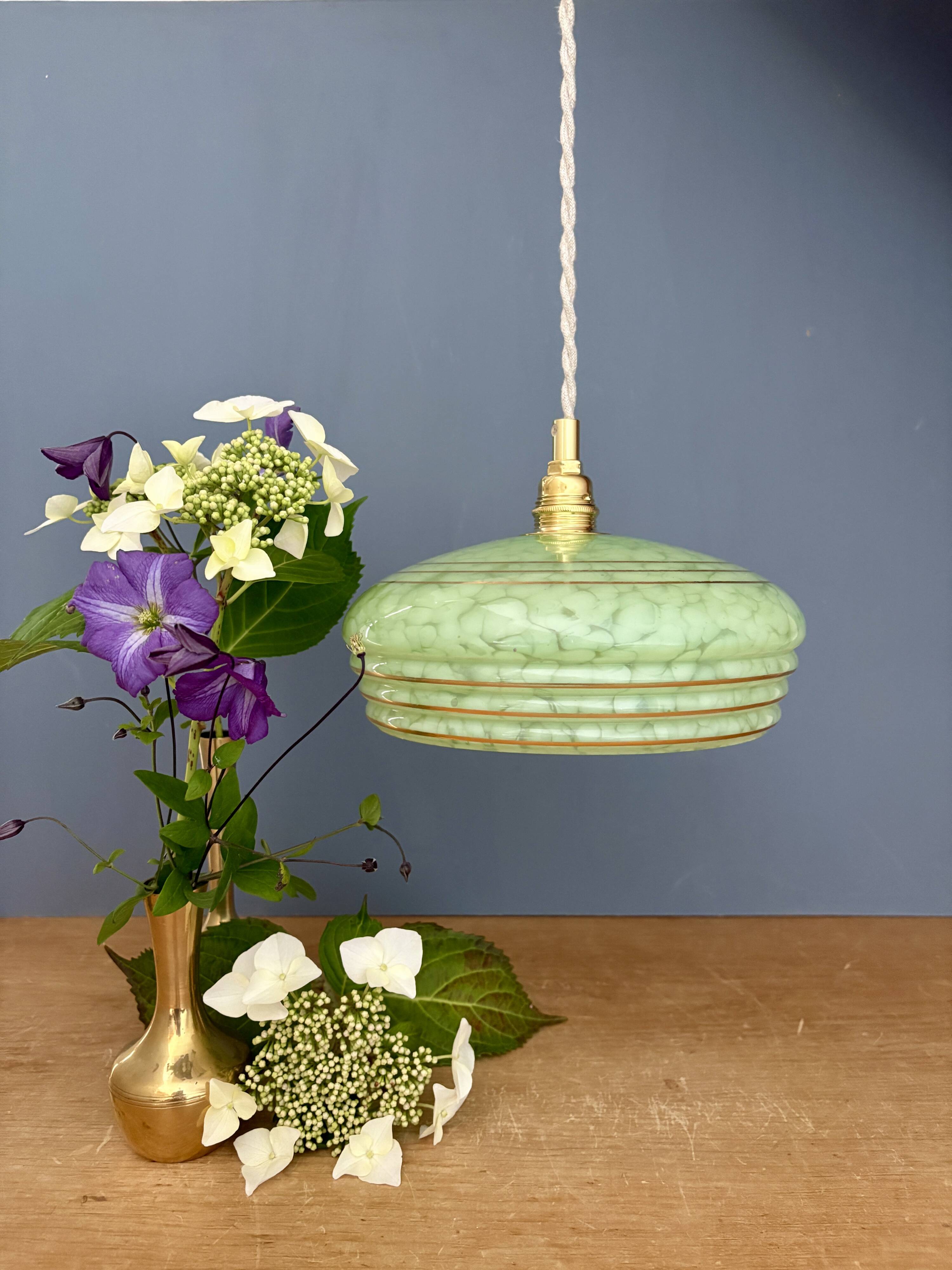 Vintage green and gold Clichy glass lampshade pendant light