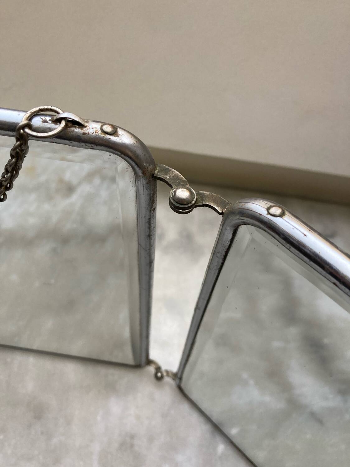 Vintage vertical beveled triptych barber mirror