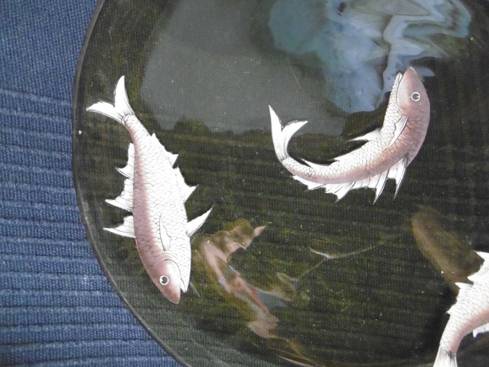 Set of 5 old plate in e emaille glass or hand-painted old fish decoration
