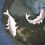 Set de 5 assiette ancienne en verre emaille ou peint a la main decor poisson ancien