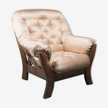 Fauteuil en tissu beige 70s vintage moderne