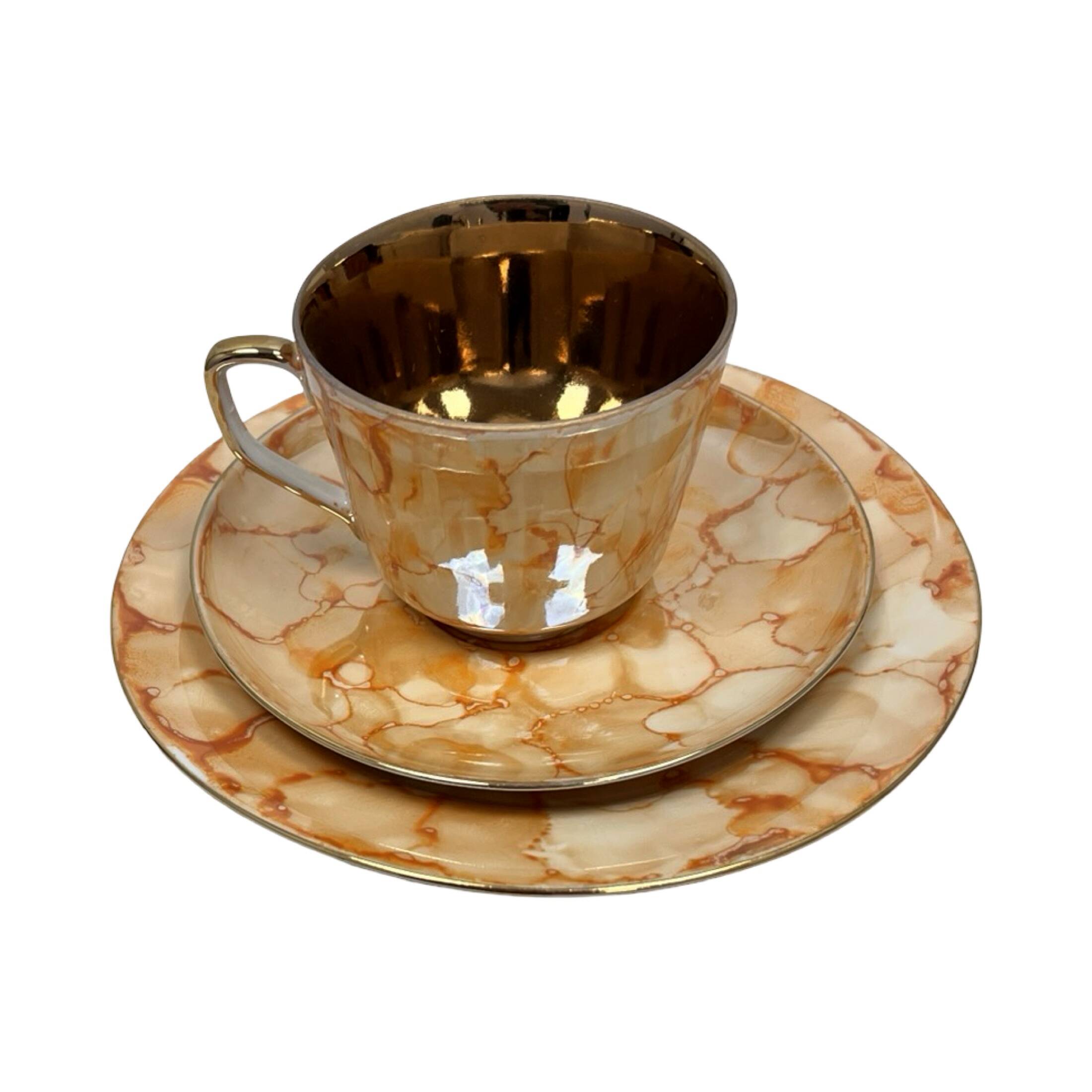 Ensemble de petit-déjeuner "Trio" de Chodzież – design marbré doré, époque PRL (années 1970).