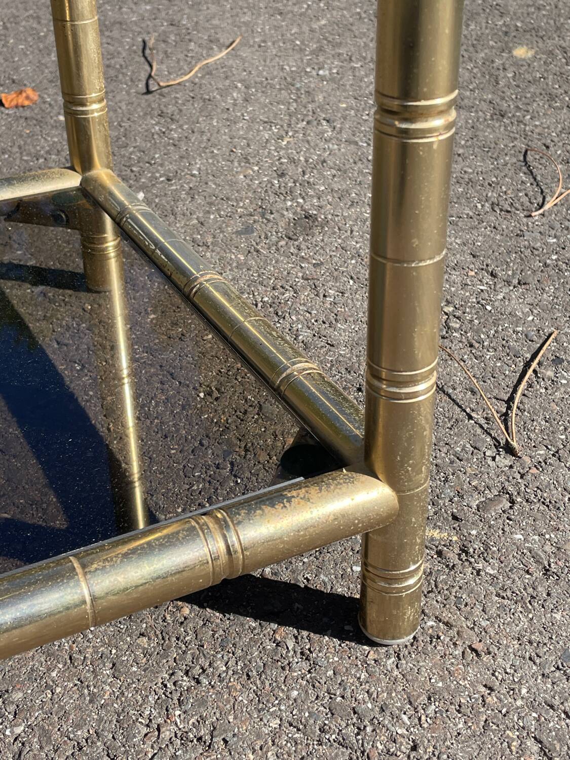 Square faux bamboo pedestal table in gold-plated brass and glass
