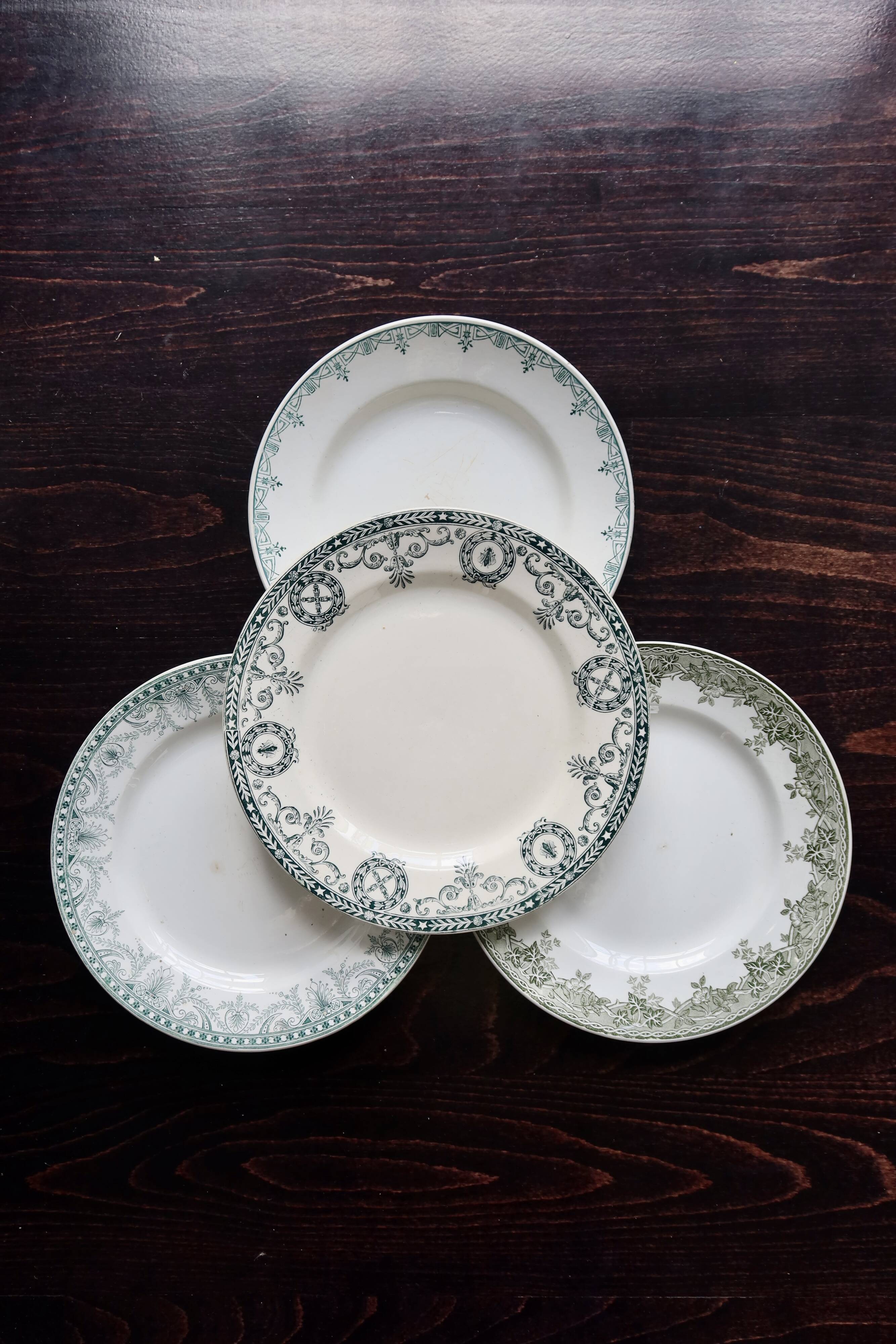 Mismatched vintage ironstone dinner plates - Green decor