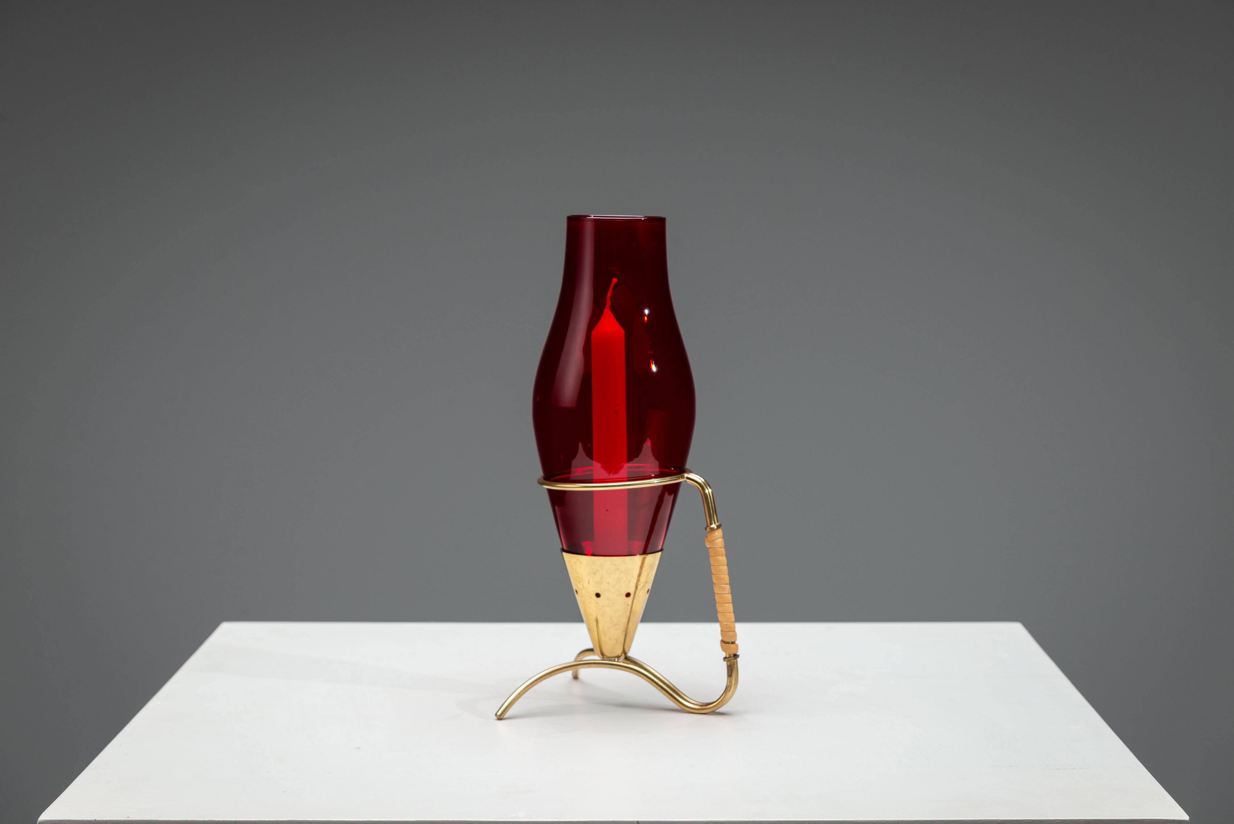 Gunnar Ander candleholder in brass, glass and rattan for Ystad Metall