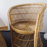 Ensemble vintage de chaises de paon en osier et table des années 60