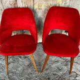 Achille decommere chair pair red fur + vintage wooden compass legs