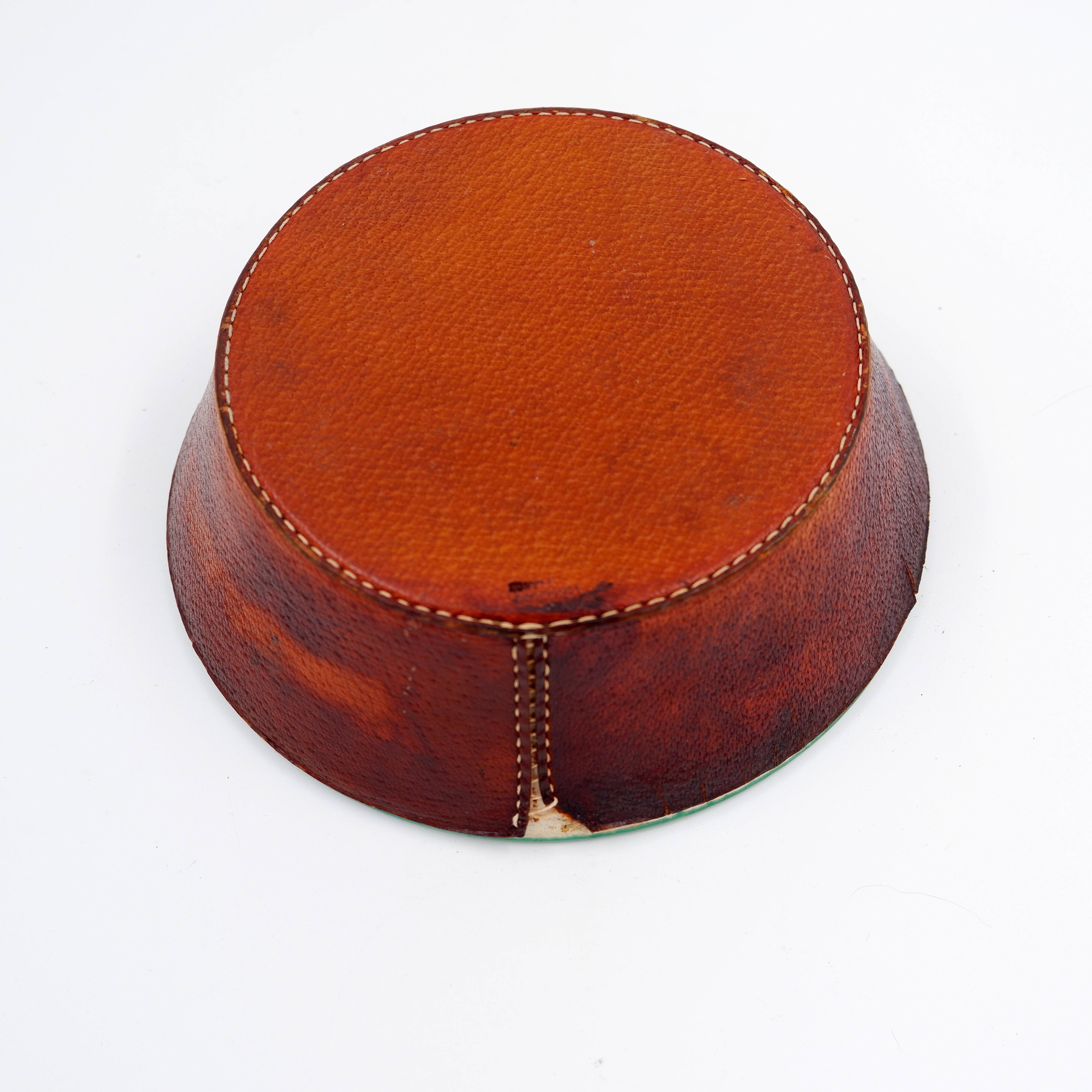 Vintage ceramic and leather ashtray from the 1950s