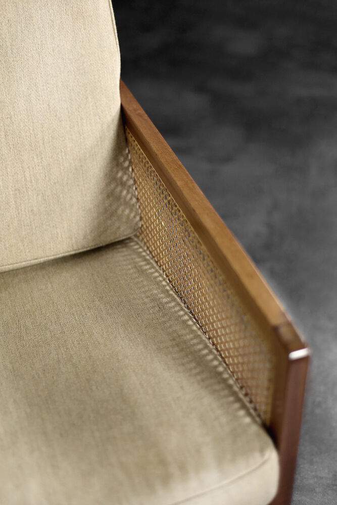 Mid-century modern Scandinavian mahogany armchair with French wicker by Bernt Petersen.