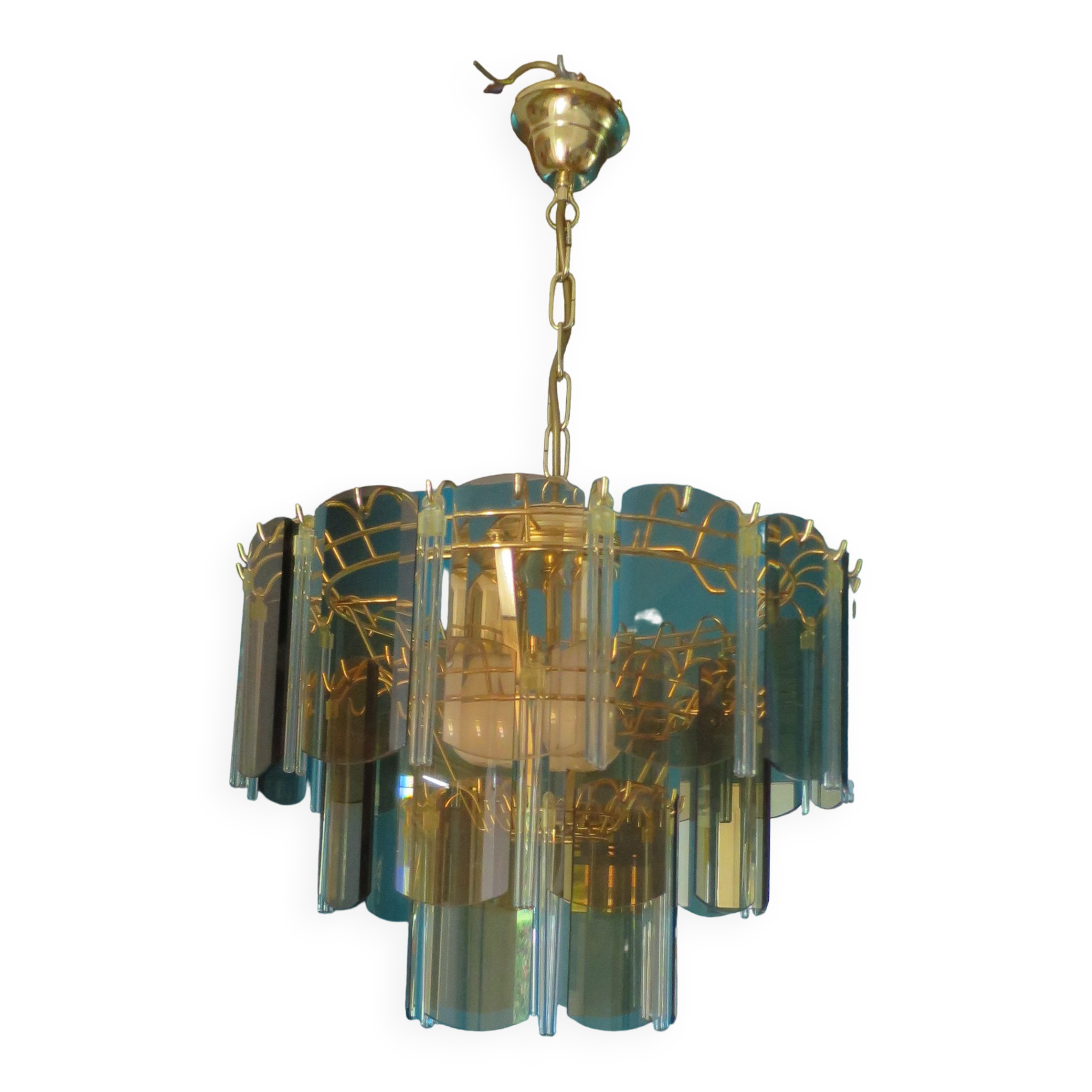 Suspension chandelier 3 rows plates smoked glass and tassels
