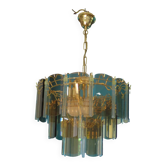 Suspension lustre 3 rangs plaques verre fumé et pampilles
