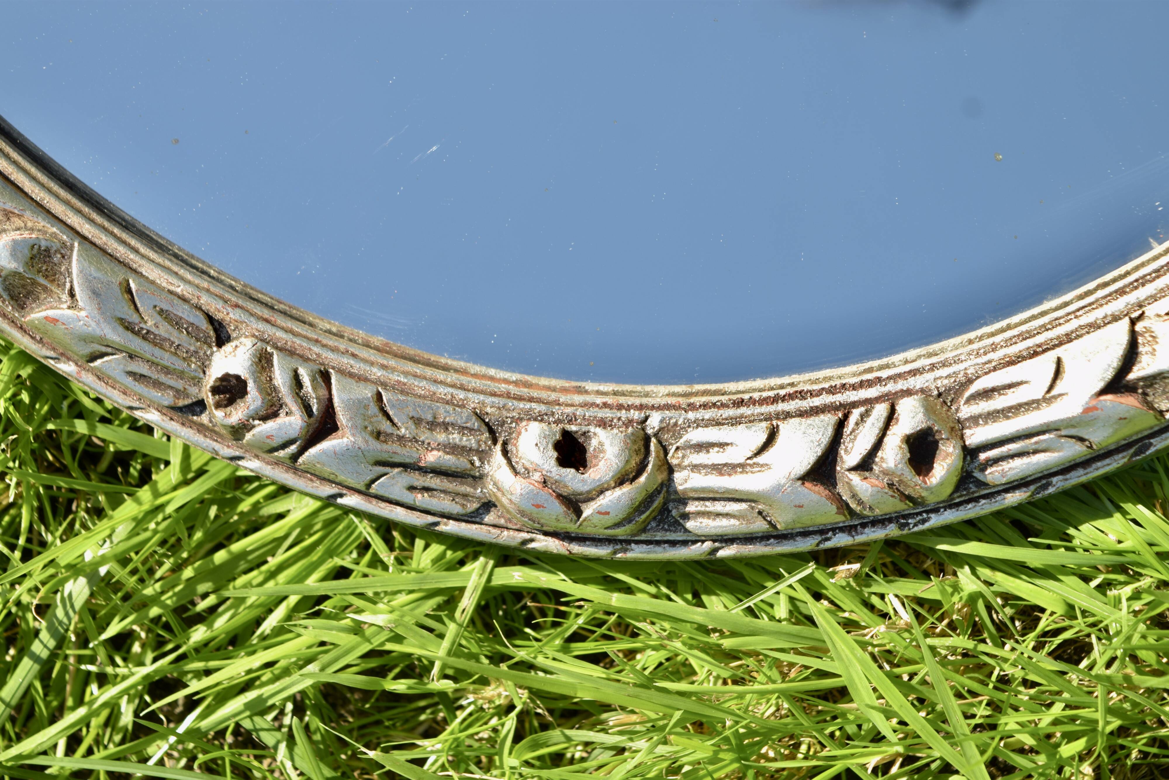 Old large oval wall mirror in silver painted wood - 1950s