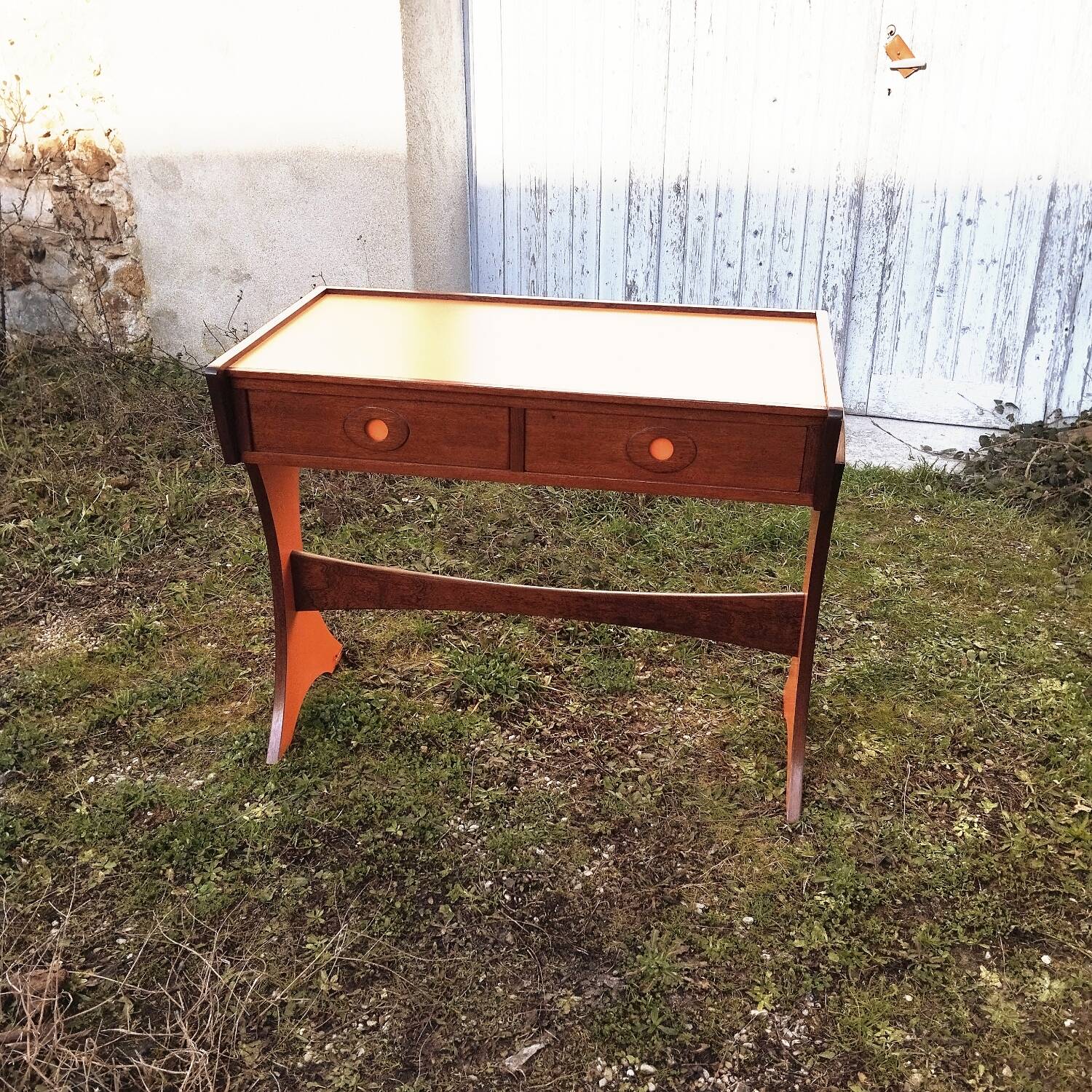 Mahogany and formica console desk, 70s design.
