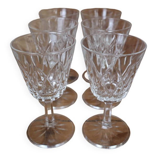 Lot de 6 verres à vin blanc Arlequin en verre de cristal de Reims 1950