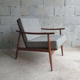 Vintage 1960s boomerang armchair in beechwood – restored and upholstered in vintage fabric