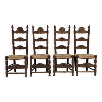 Set of 4 wooden and straw chairs